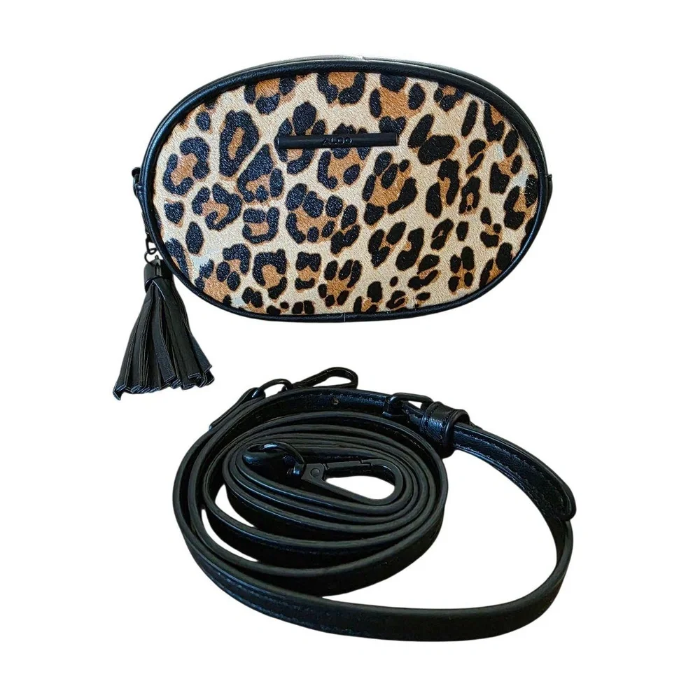 ALDO Leopard Print‎ Crossbody Bag Black Faux Leather Tassel Detachable Strap